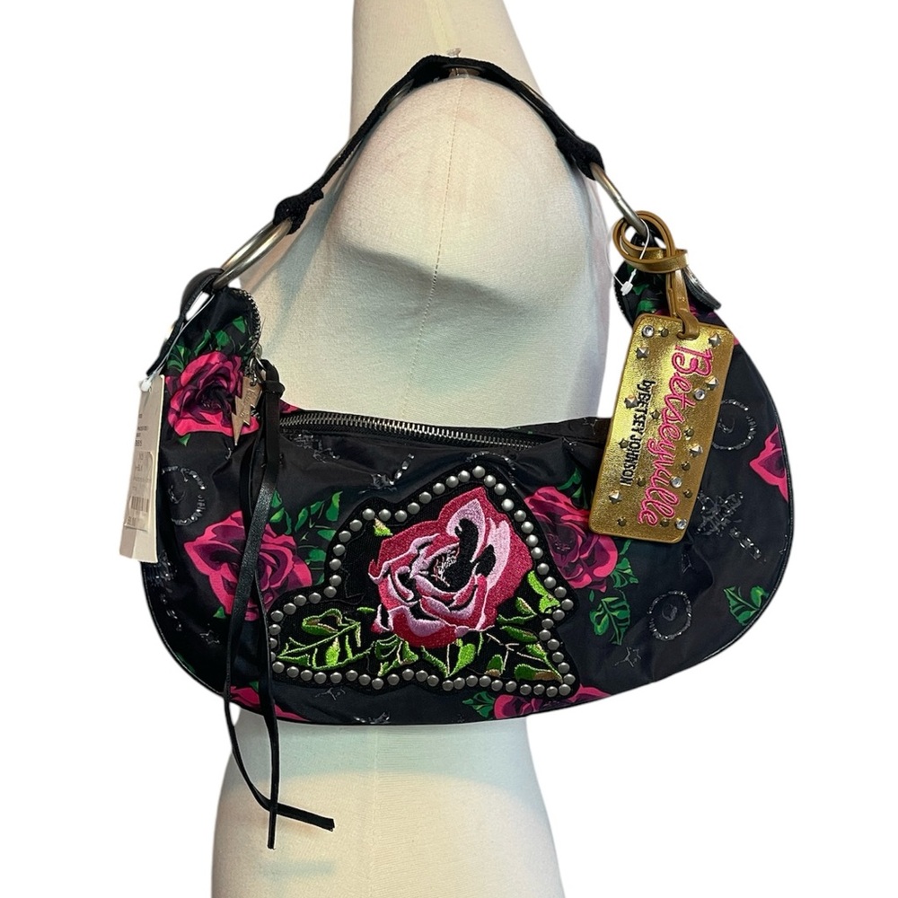 Betsey Johnson Black Shoulder Bag with Pink Rose Stud Detail